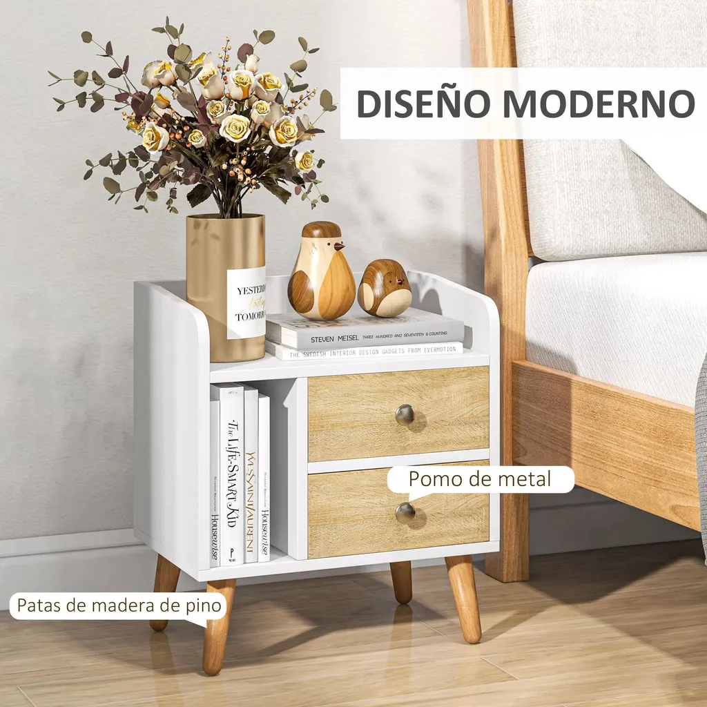 Table de nuit compacte pour petite chambre blanche 2 tiroirs et étagère