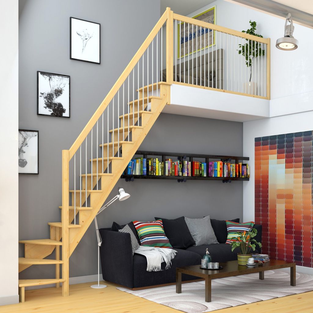 Dolle Raumspartreppe Lyon inkl. einseitigem Geländer Kiefer unbehandelt Treppenlauf 1/4 gewendelt unten rechts 75cm breit Metallstäbe