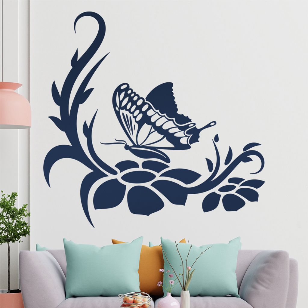 Großer Falter Blüten Wandtattoo in 6 Größen - Wandaufkleber Wall Sticker - Dekoration, Küche, Wohnzimmer, Schlafzimmer, Badezimmer
