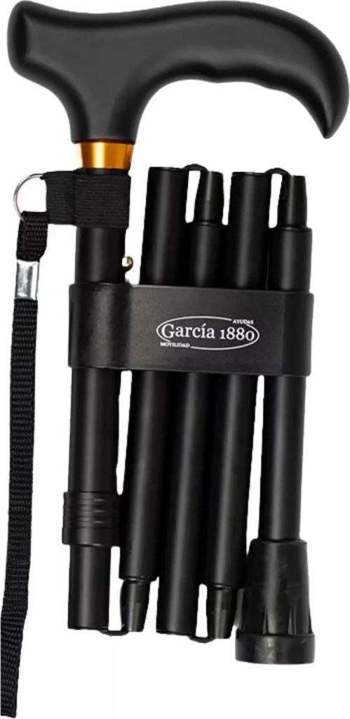 Garcia 1880 Klappbarer Gehstock – Inkl. Aufbewahrungstasche – Schwarz – Verstellbar 84 bis 92 cm – Aluminium - Mit Gehstockclip