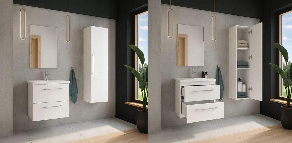 A split image showing a modern white bathroom vanity with a sink and drawers, and a tall white cabinet. The right side of the image shows the cabinet door open, revealing shelves with towels and bottles.