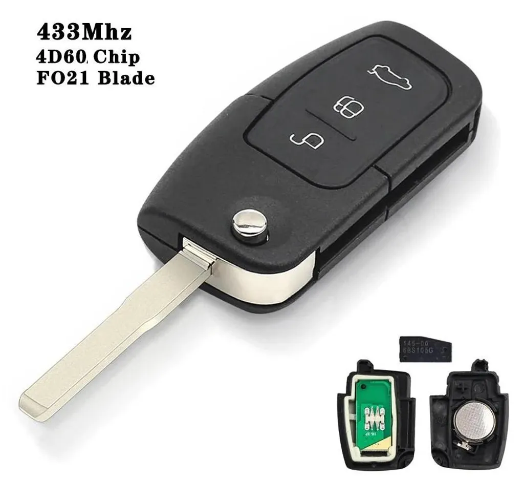 Télécommande Ford 3 Boutons avec Puce Transpondeur 4D60 Intégrée