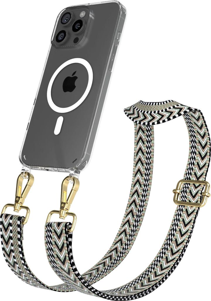EAZY CASE - Handykette mit MagSafe Hülle für Apple iPhone 16 Pro Max, Handyband ZigZag Style,Karabiner Gold, Umhängeband in Grün