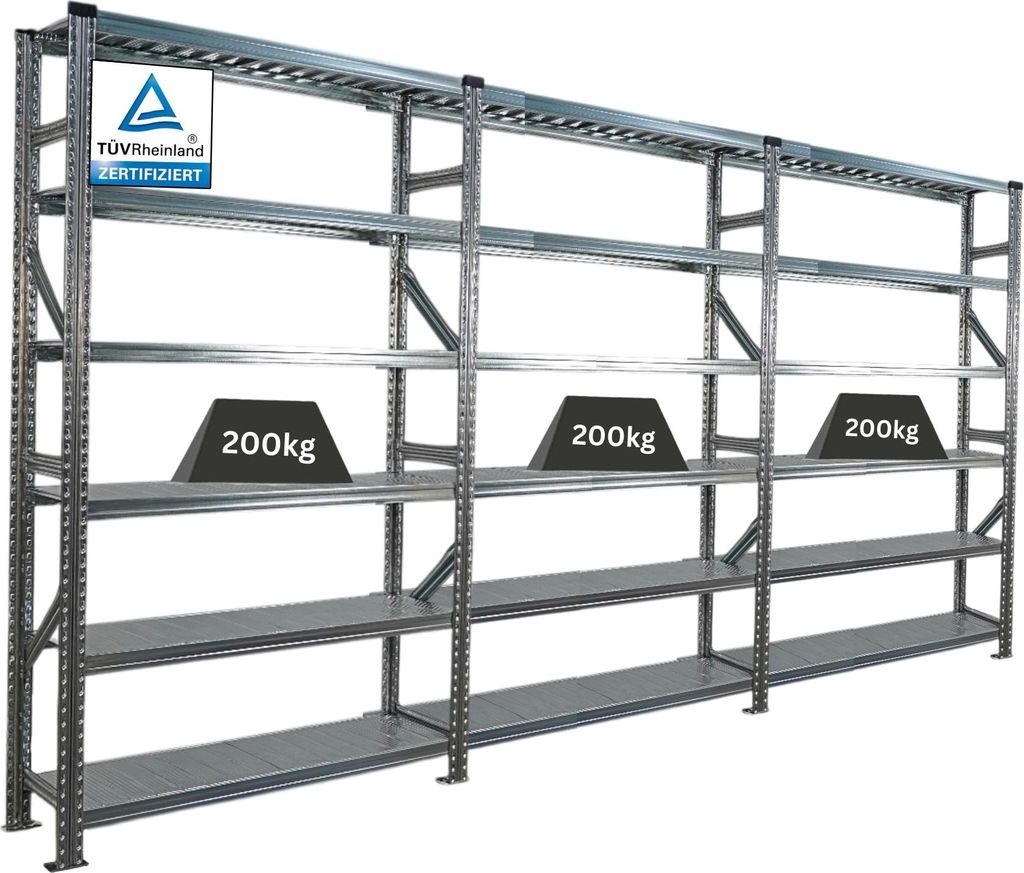 Fachbodenregal PROXIMO mit Stecksystem | Komplettregal | HxBxT 210x360x32cm | 6 Ebenen | Beidseitig nutzbar | Verzinkt
