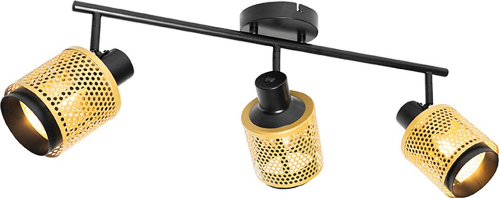 QAZQA - Industrie I Vintage I Industrie-Spot I Spotlight I Deckenspot I Deckenstrahler I Strahler I Lampe I Leuchte Schwarz mit Gold I Messing 3-fl...