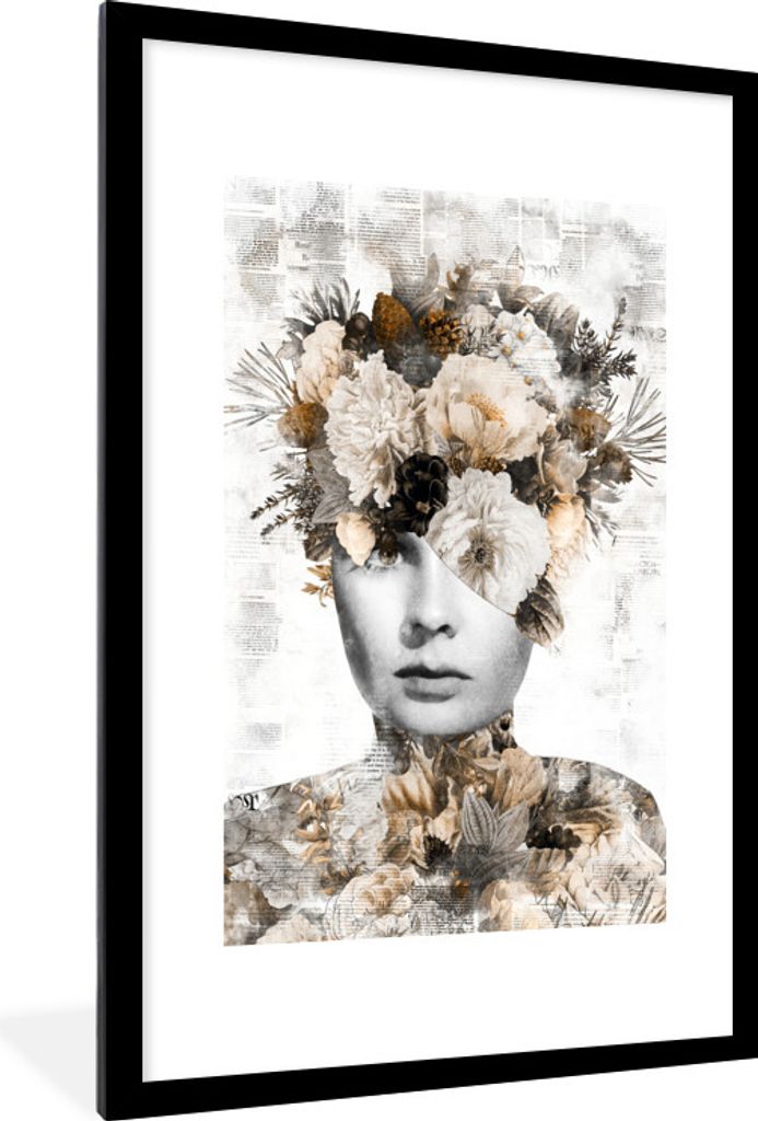 MuchoWow MuchoWow Gerahmtes Poster Frau - Schrapnell - Zeitung 60x90 cm - Poster mit zchwarzem Bilderrahmen - Dekoration - Wandposter Wohnzimme...