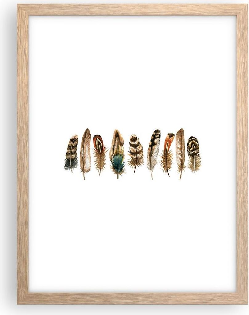 Gerahmtes Poster - Rahmen in heller Eiche - Weiß Hintergrund Federn - 30x40 cm - Wand Bild - Wanddeko - Wandbilder - Kunstposter - Wandposter - Bi...