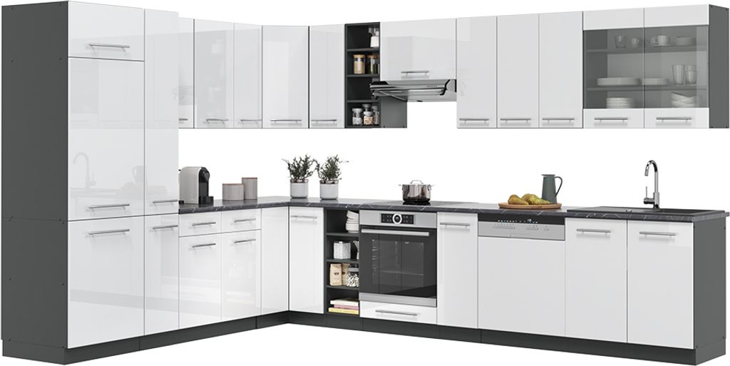 A modern, modular kitchen unit with white high-gloss cabinets and dark gray accents, arranged in an L-shape. It includes various cabinets, drawers, an oven, and a dishwasher.