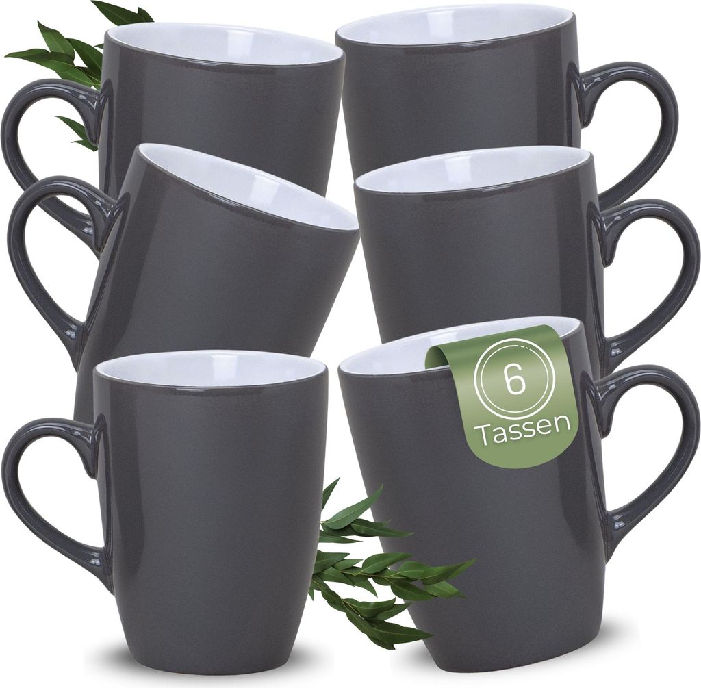 Kaffeetassen 6er Set aus Keramik 340ml, Teetassen in Grau