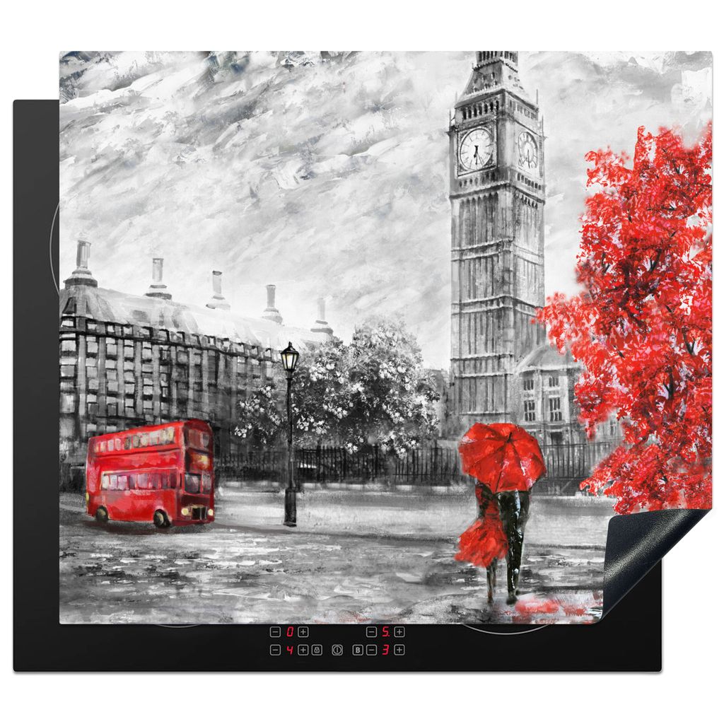 KitchenYeah Herdabdeckplatte Rot - London - Stadt - Schwarz und weiß , 59x52cm, Küche Deko, Glaskeramikfeld Herdabdeckung, Abdeckplatte fùr Ko...