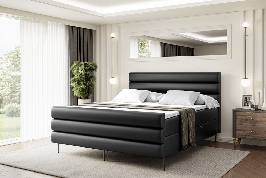 ALTDECOR Boxspringbett mit Schwarz Füßen, Matratze und Lattenrost, Topper, Fußteil, Polsterbett mit Bettkasten, Bett mit Stauraum H4-Matratze - ...