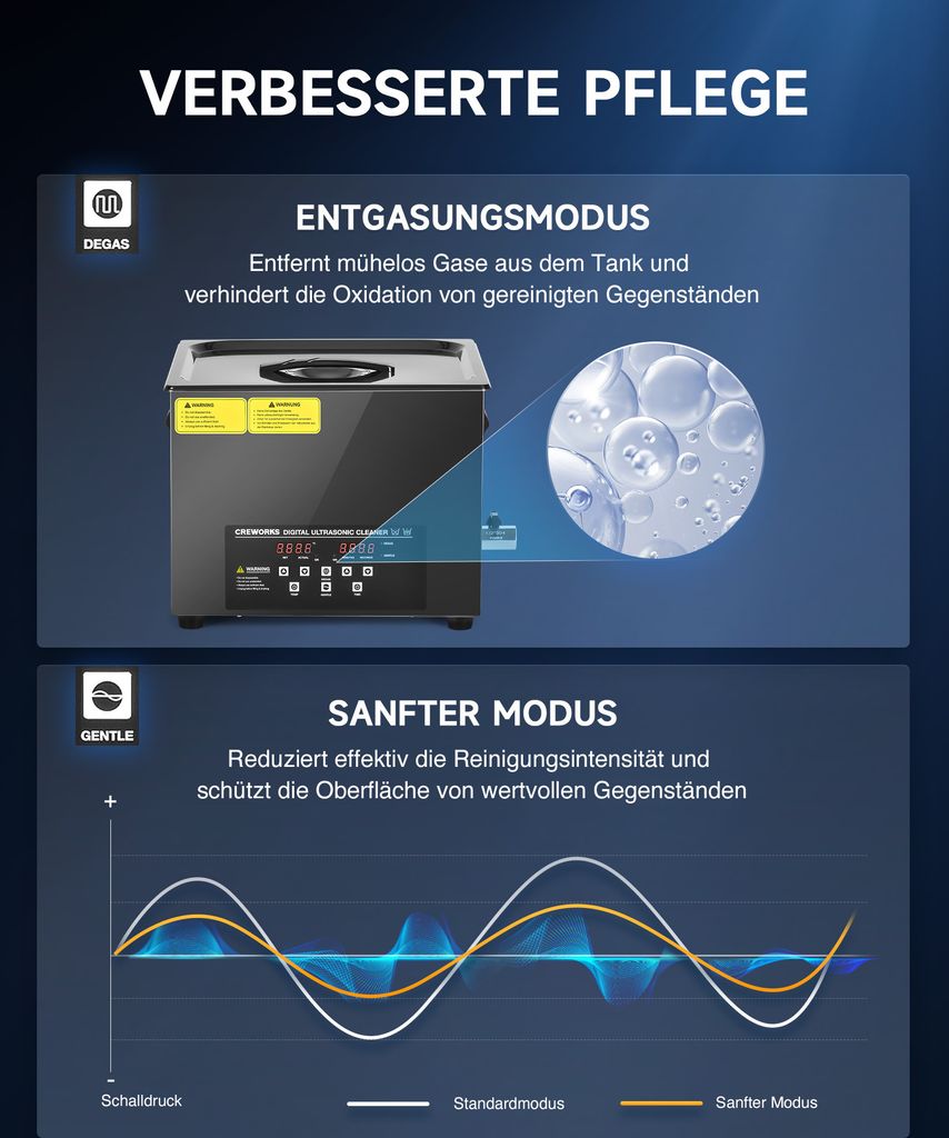 CREWORKS Ultraschallreinigungsgerät 15L – Entgasend, 40 KHz, 80°C, Edelstahl