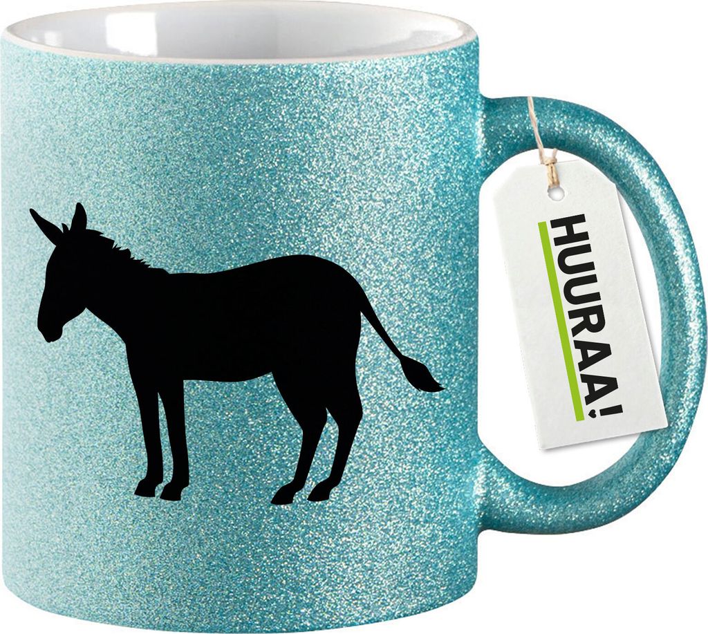 Huuraa Glitzertasse Esel Silhouette 330ml Blau Keramik Kaffeebecher Geschenkidee
