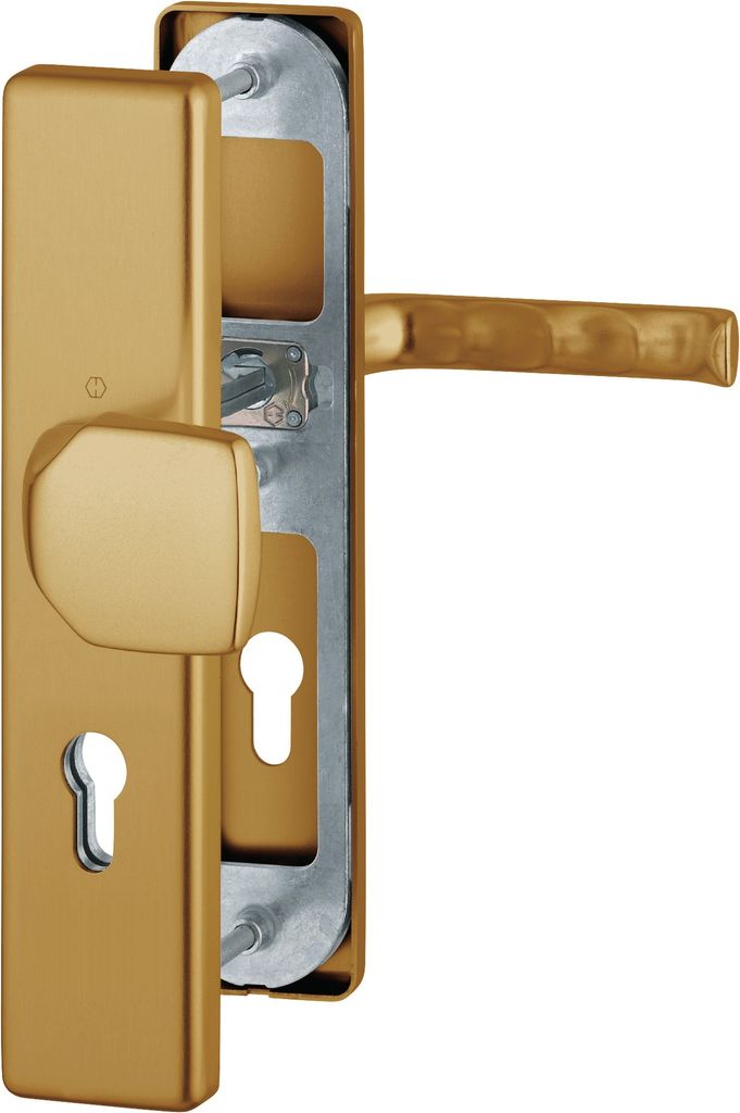 A close-up view of a gold-colored door handle set with visible keyholes and internal mechanism.