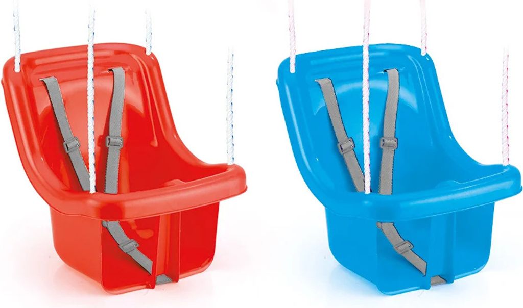 Two baby swings, one red and one blue, are shown against a white background.