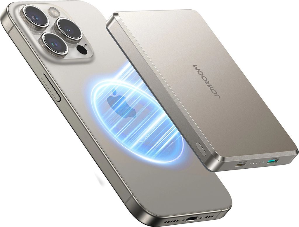 A silver iPhone is shown with a magnetic power bank attached to its back, with a blue glowing effect indicating wireless charging.