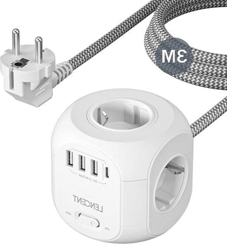 Multiprise 8 prises anti-encombrement avec USB C/A blanc câble de 3m