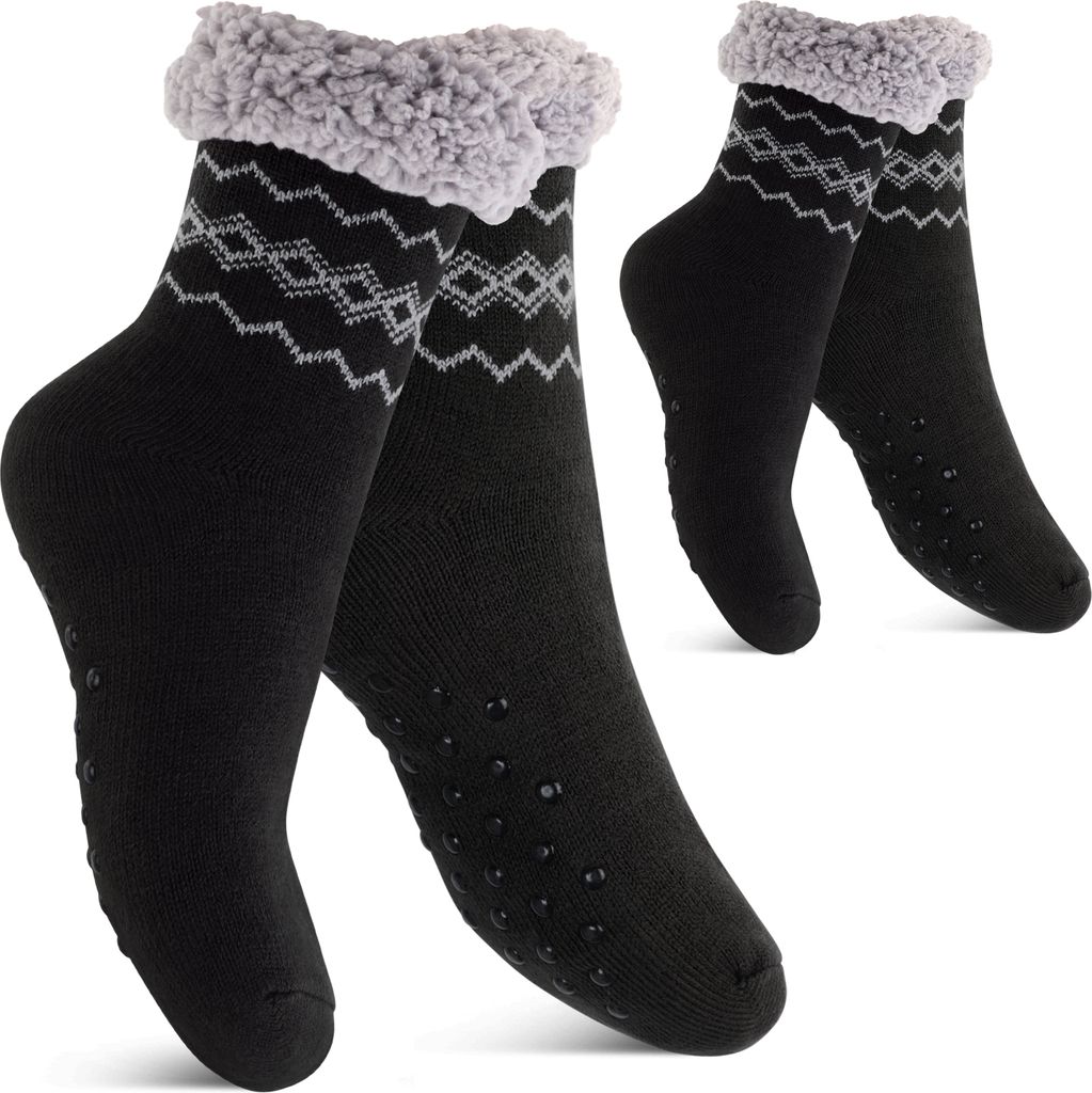 Footstar Damen und Herren Winter Haussocken (2 Paar) Kuschelsocken - Schwarz 35-38