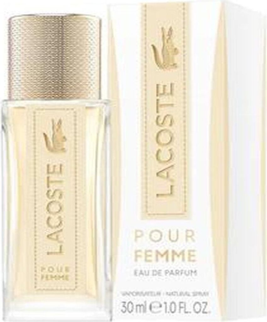 A bottle of Lacoste Pour Femme Eau de Parfum and its packaging are displayed against a white background.