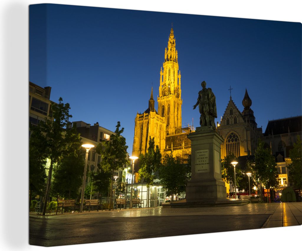 OneMillionCanvasses - Leinwandbilder - 140x90 cm, Statue - Nacht - Antwerpen, Wandbilder Kunstdruck Wanddekoration - Foto auf Leinwand - Gemälde...