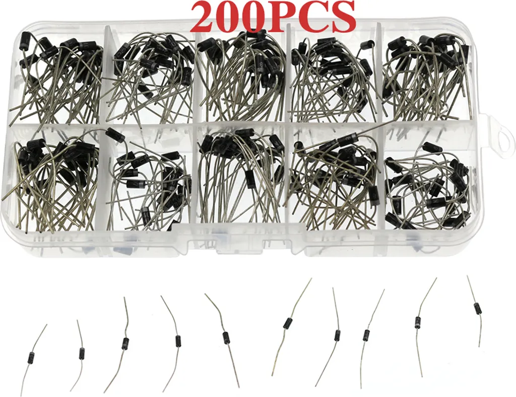 200PCS Kit di assortimento di diodi 10 valori raddrizzatore/diodo Schottky 1N4001-1N4007-1N5819 Set assortito con scatola di immagazzinaggio