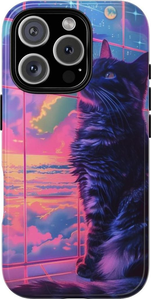 Lofi-Vaporwave-Katze vor Neonhimmel – Hülle Kompatibel mit iPhone 16 Pro