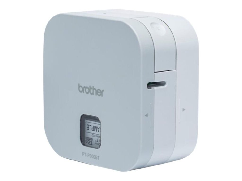 A white Brother P-touch P300BT Cube Bluetooth label maker is shown against a white background.