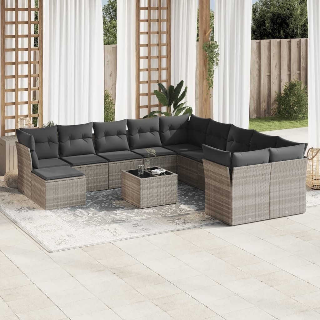 Industrie-Stil 12-tlg. Garten-Sofagarnitur Sofa Set mit Kissen Hellgrau Poly Rattan Terrassenmöbel2024 cloris