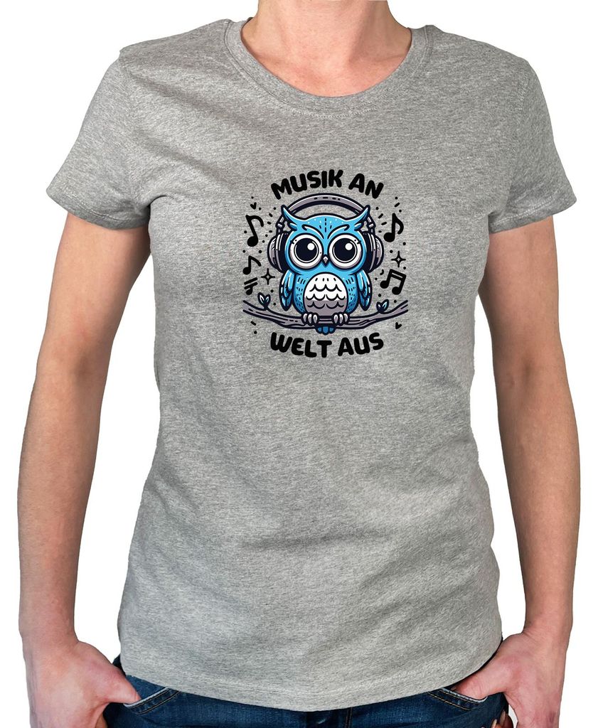Huuraa Damen T-Shirt Musik an Welt aus Eule L Sport Grey Bio Baumwolle Fairtrade Damenshirt Geschenkidee