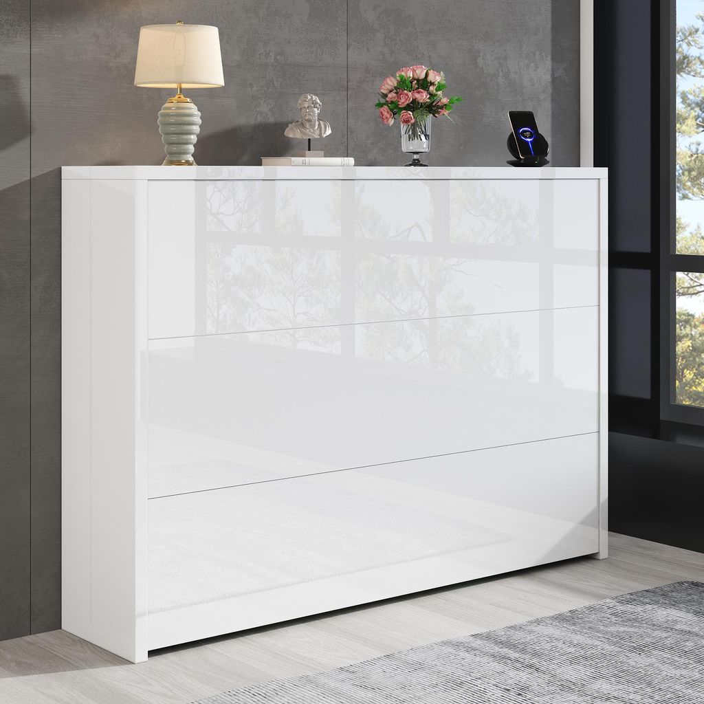 Faltbarer Schreibtisch mit Rollen & Wireless Charger – Weiß, 2-in-1 Sideboard