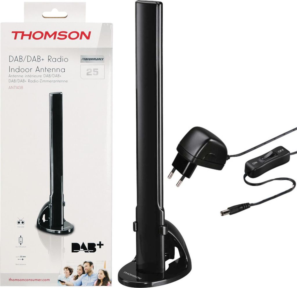 A product package for a Thomson DAB/DAB+ Radio Indoor Antenna, with the antenna and its accessories displayed separately.