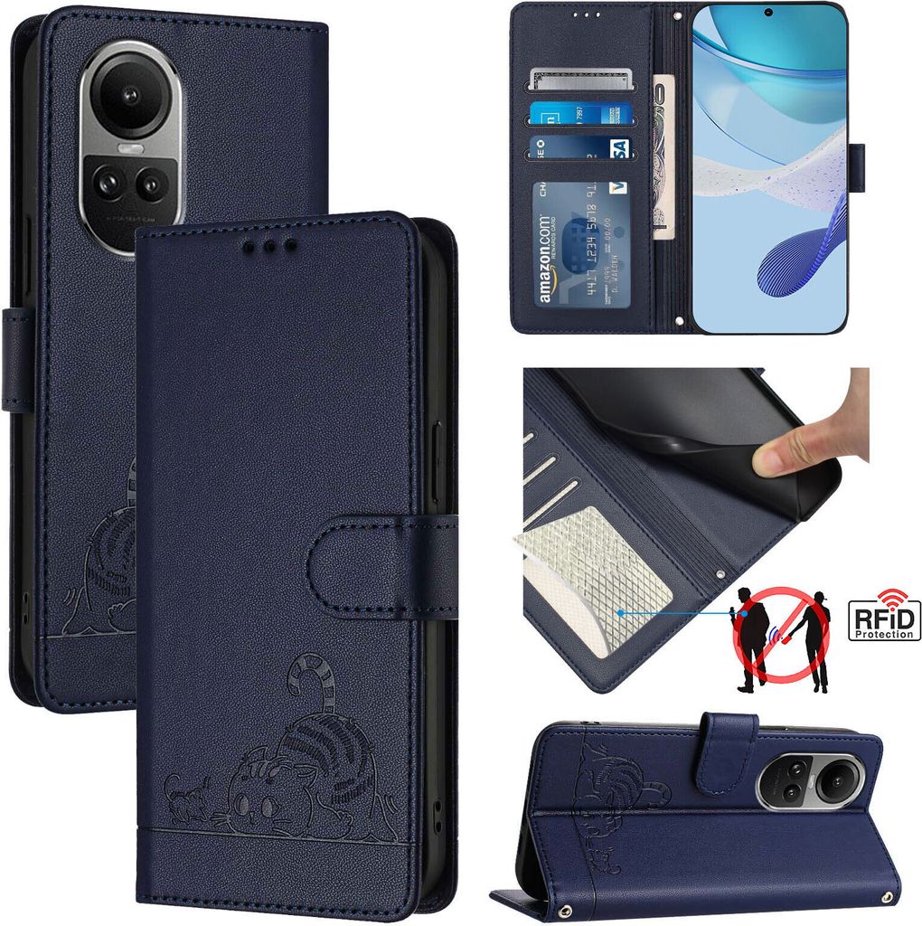 Leder Hülle für Oppo Reno10 /Reno10 Pro Süße Katze Flip Case Brieftasche Schutzhülle mit Standfunktion Blau