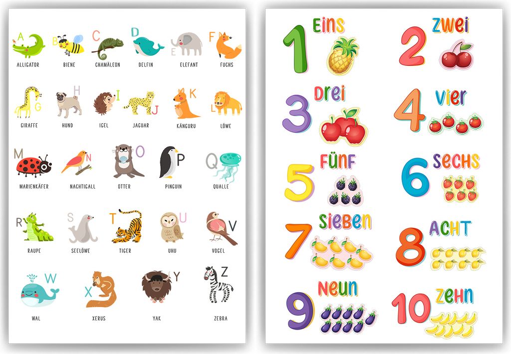 Kinderposter 2er Set Tier ABC, Zahlen Lernposter Produktbild 
