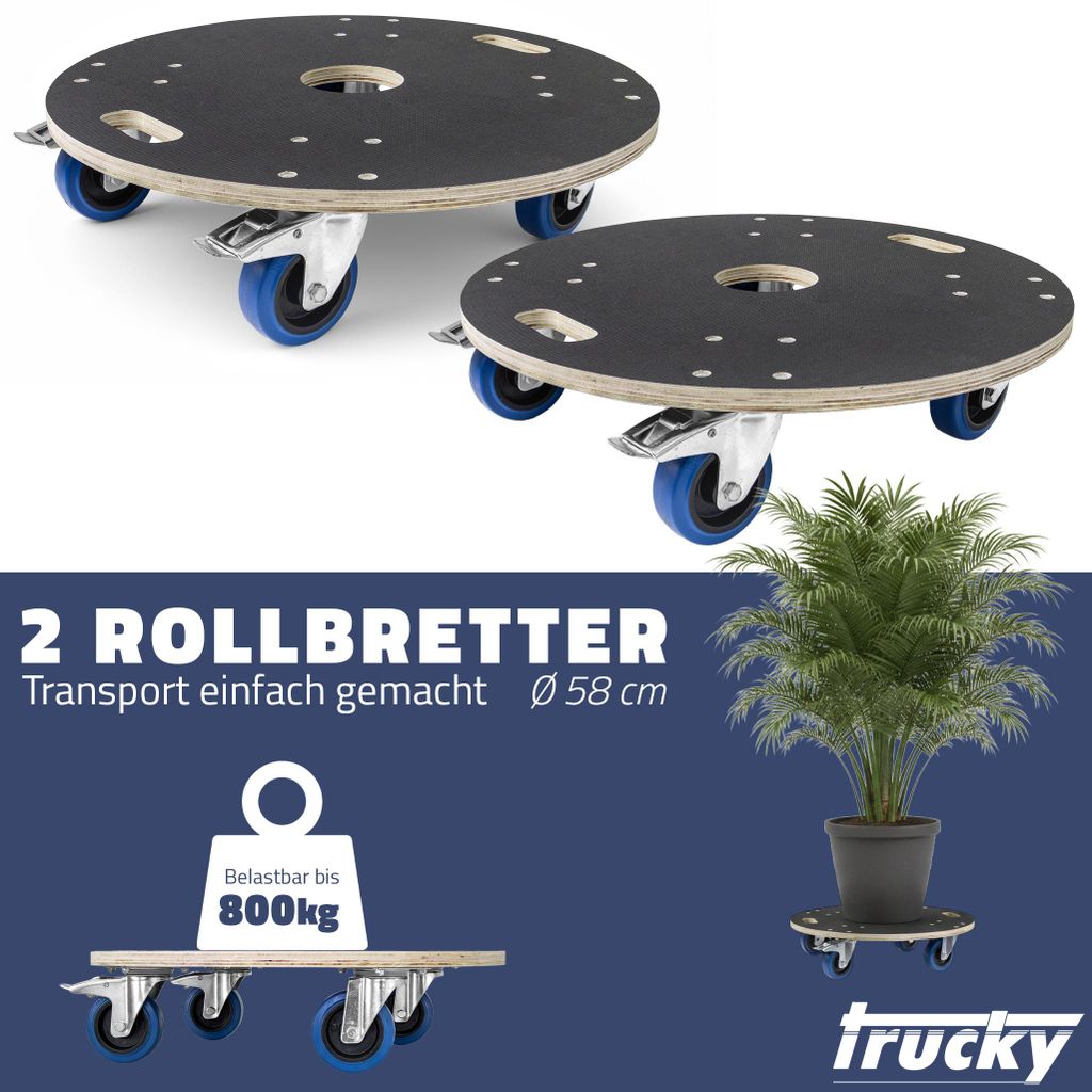 Trucky 2x Rollbrett Ø 58 cm Transportroller 800 kg Möbelroller mit 4 Rollen 2 Bremsen Transportwagen Rollwagen für Möbel Transport