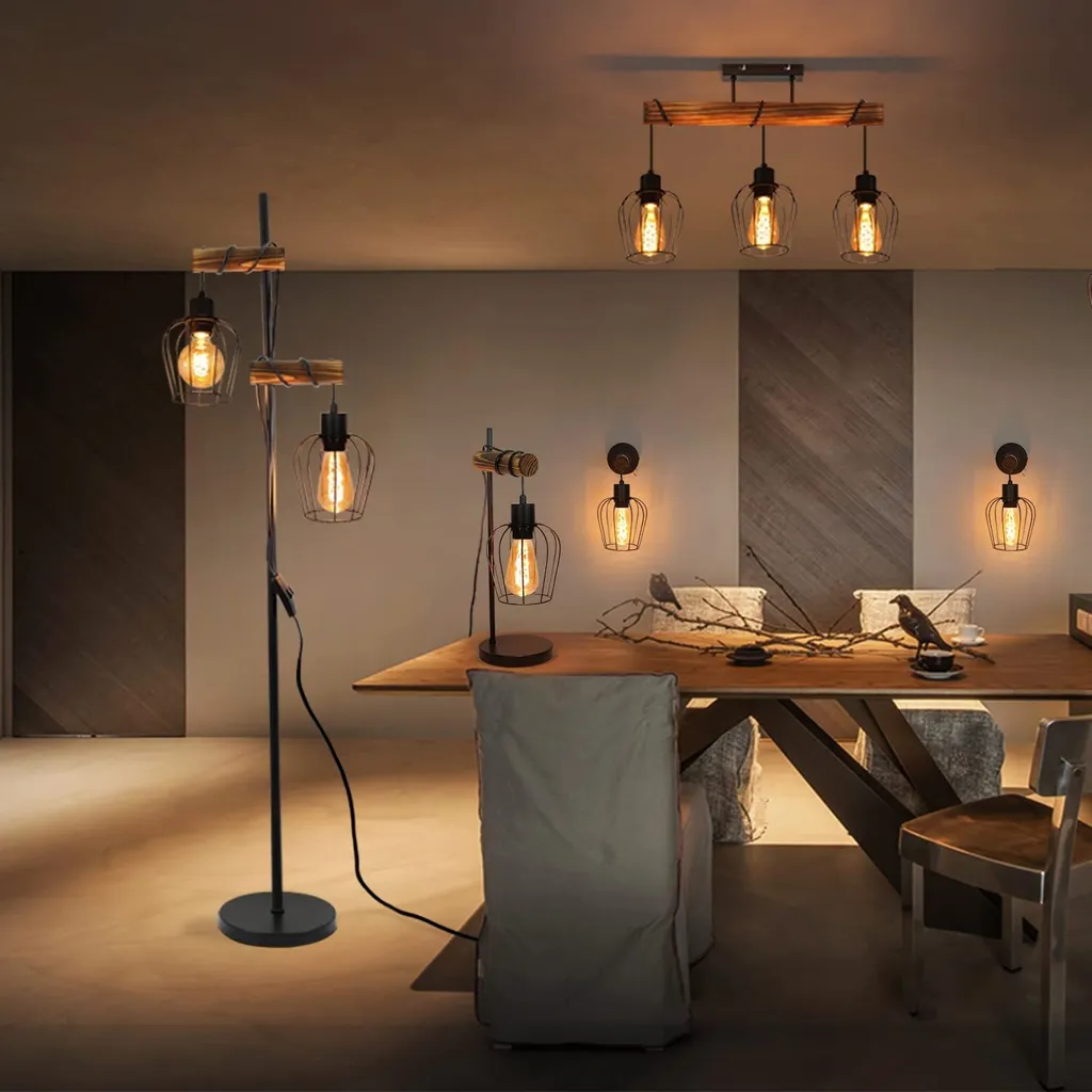 Lampadaire Bois Noir 2 Lampes E27 - Solution Éclairage Rétro pour Grand Salon - 9