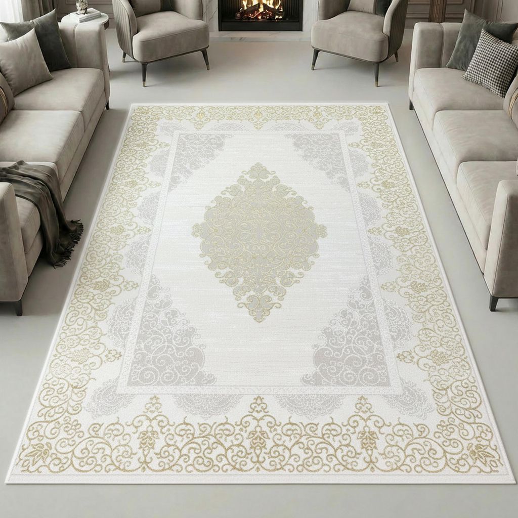 Orientalischer Designerteppich mit Ornament in weiß gold grau Größe - 120 x 170 cm