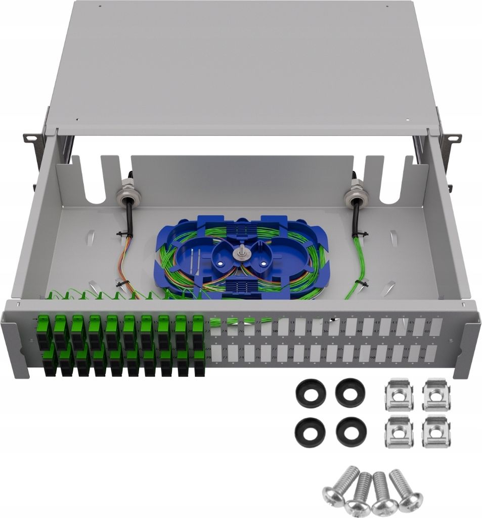 Stalflex Rack Montage Glasfaser Anschlussdose Verteilerkasten Standard 19 Zoll 2HE 24x Duplex LC/PC grau