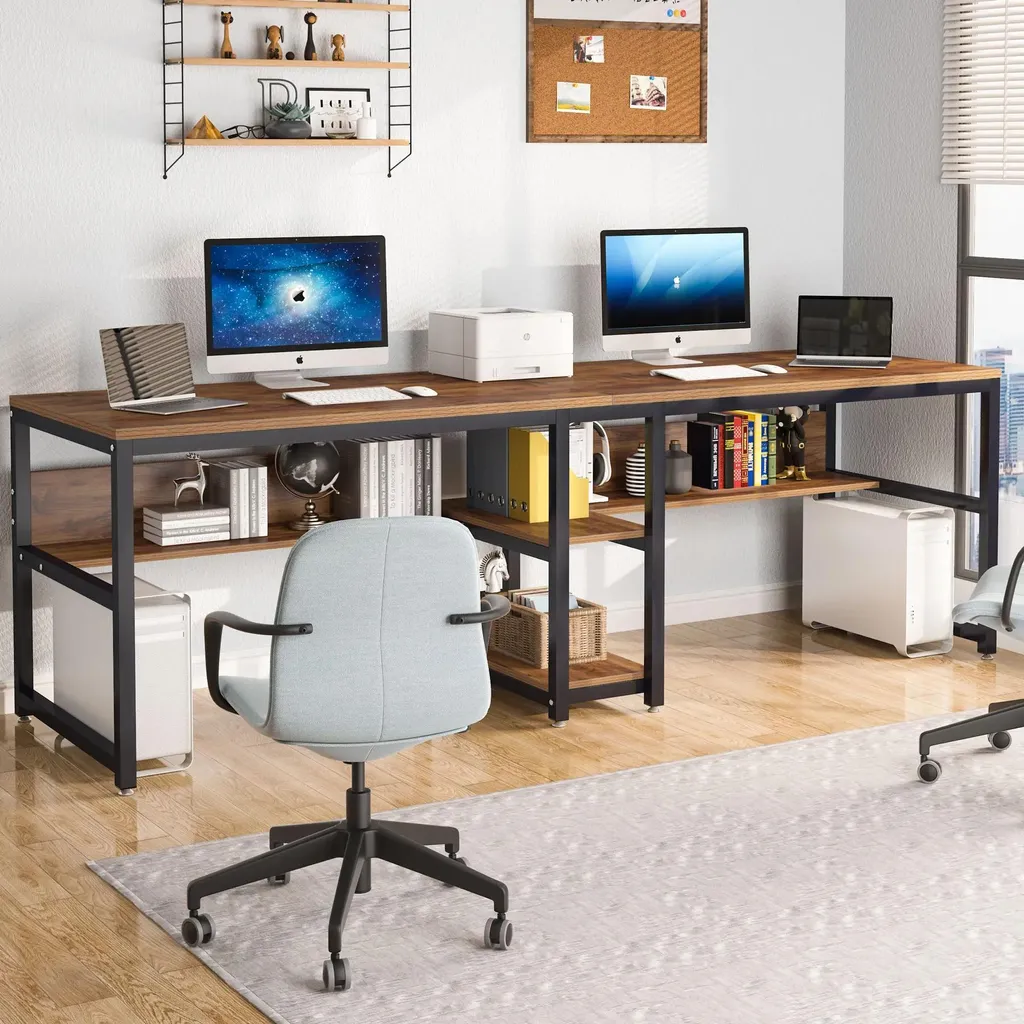 Bureau double 200 cm : gagnez de la place avec rangement acajou brun - 5