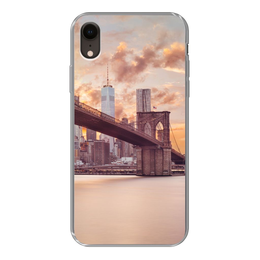 MuchoWow Handyhülle Schutzhülle Hülle für iPhone XR Brooklyn Bridge und die New Yorker Skyline bei Sonnenuntergang Silikon Softcase Handy Hü...