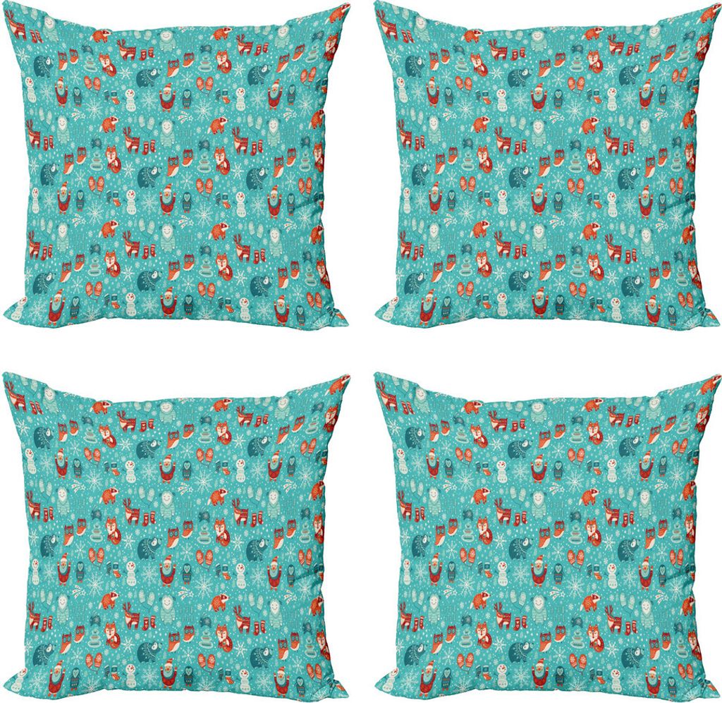 ABAKUHAUS Winter Kissenbezug Set (4 Stück), Cartoon von Santa Owl, Moderner Doppelseitiger Digitaldruck, 40 cm x 40 cm, Aqua Vermillion