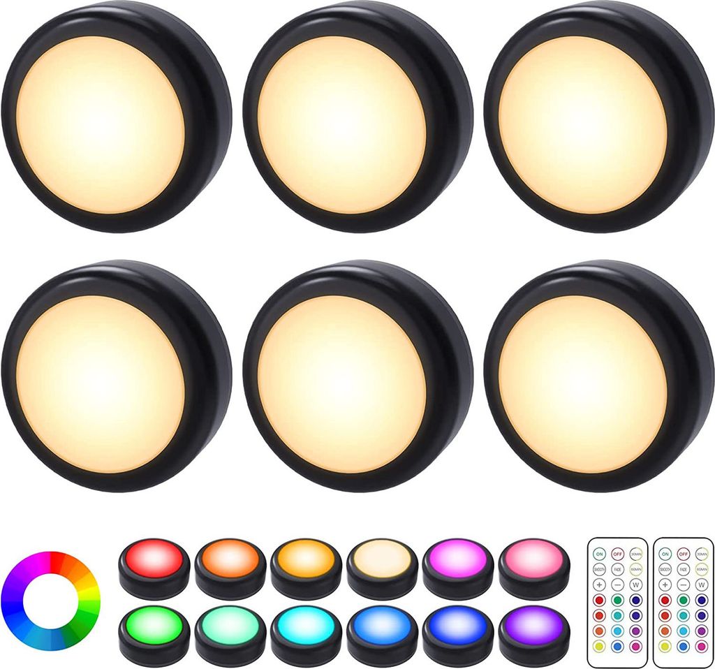 Led Schrankbeleuchtung Batterie, 6er RGB LED Spots Akku mit Fernbedienung, Unterbauleuchte Küche Kabellos Schranklicht Dimmbar Treppen Vitrine Sch...