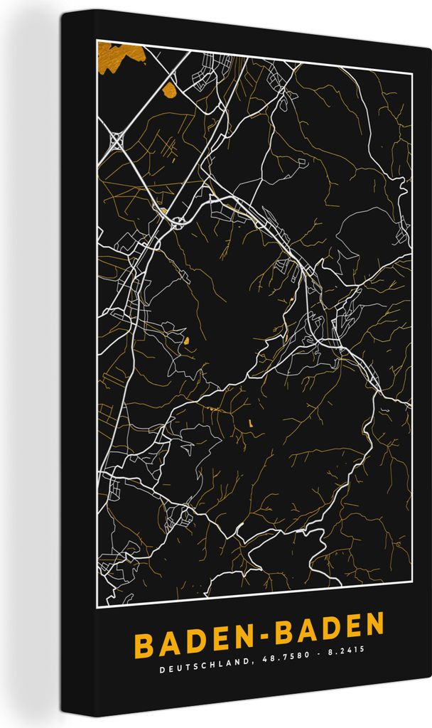 OneMillionCanvasses - Leinwandbilder - 90x140 cm, Stadtplan - Karte - Baden Baden - Gold - Deutschland - Karte, Wandbilder Kunstdruck Wanddekorat...