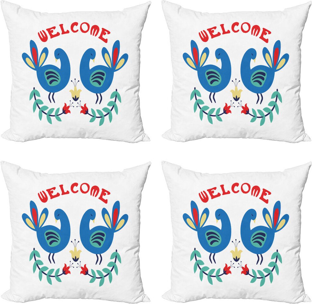 ABAKUHAUS Volkskunst Kissenbezug Set (4 Stück), Ornamental Willkommen, Moderner Doppelseitiger Digitaldruck, 40 cm x 40 cm, Mehrfarbig