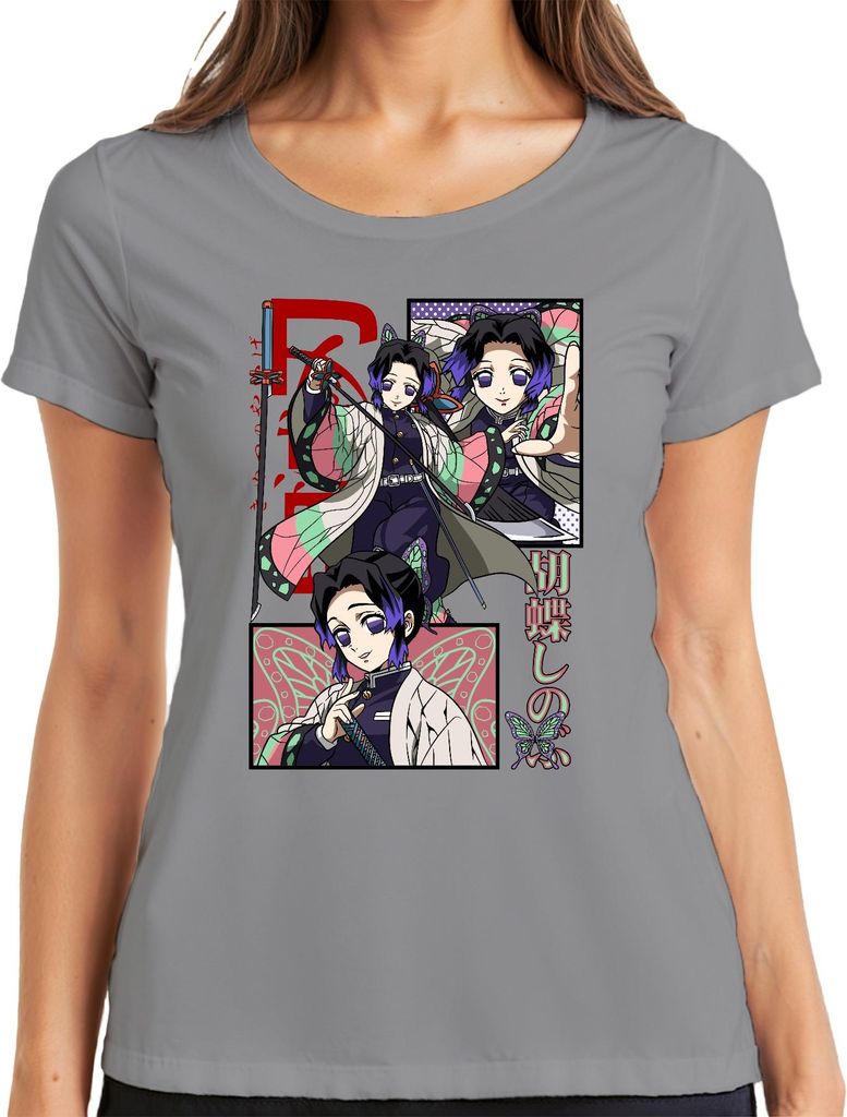 Shinobu Kocho Kimetsu no Yaiba Anime Schmetterling Katana Damen T-Shirt, Grau, M
