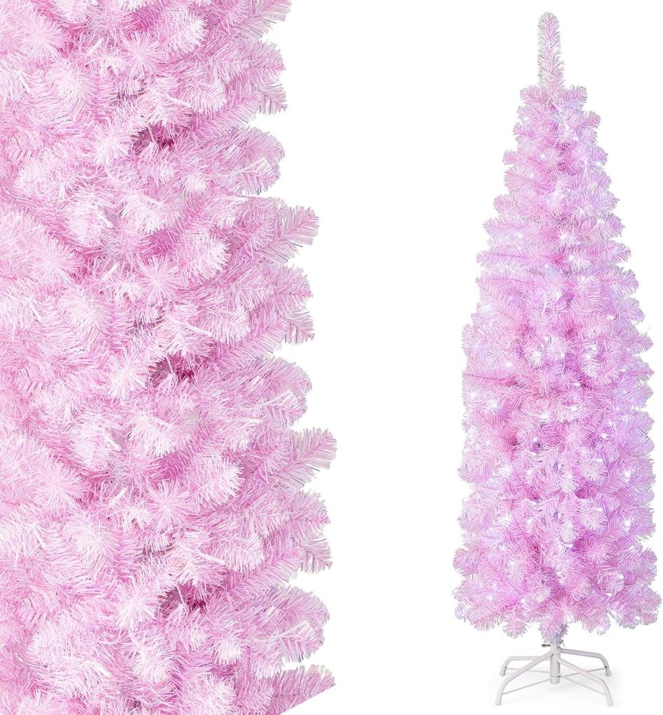 COSTWAY 180cm Künstlicher Weihnachtsbaum Bleistift, LED beleuchteter Tannenbaum mit 250 kaltweißen LEDs, schlanker Christbaum Weihnachten, Kunstb...