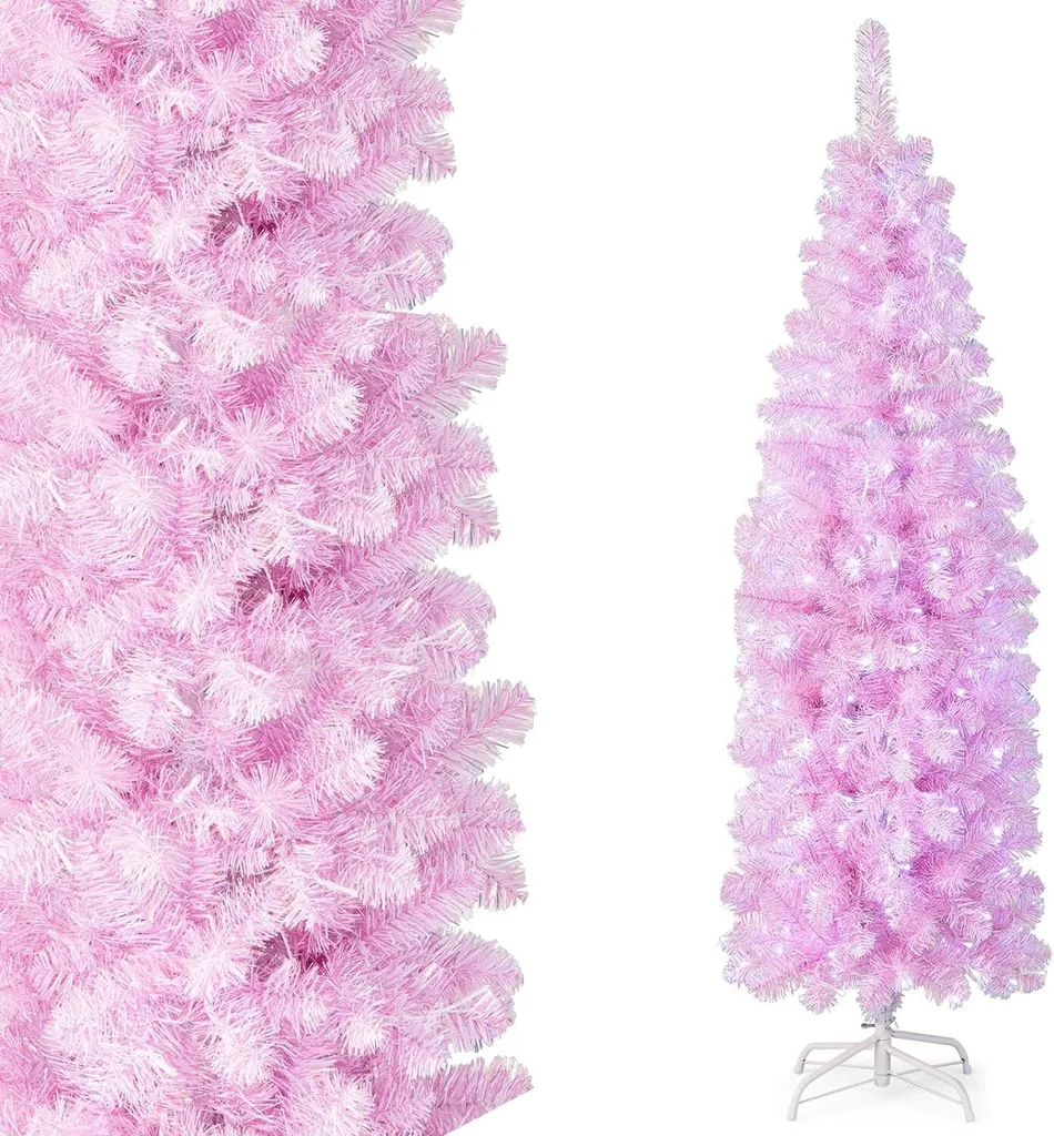 Sapin de Noël Fin Lumineux 180 cm Rose avec LED Intégrées et Support