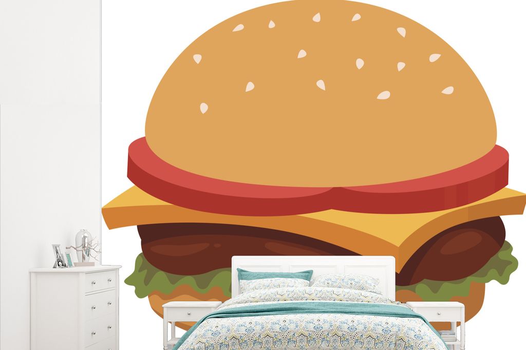 MuchoWow Fototapete für Wohnzimmer oder Schlafzimmer Wandtapete Vinyl Motivtapete Eine Cartoon-Illustration eines Hamburgers - 315x260 cm - Gemu...