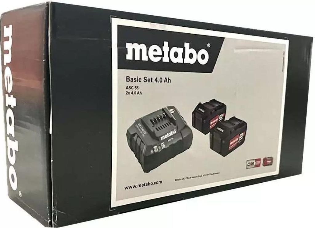 A product box for Metabo batteries and charger.