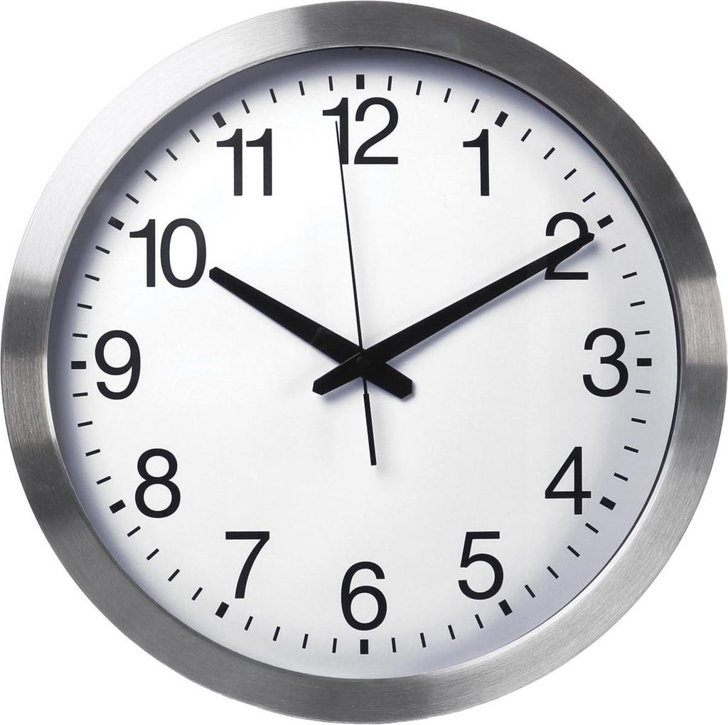 A close-up, front-facing view of a round analog wall clock with a silver frame and a white face.
