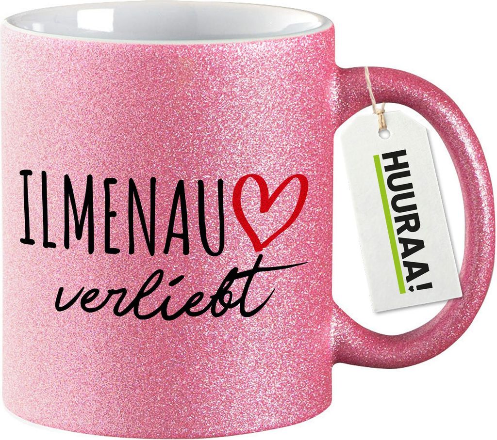 Huuraa Glitzertasse Ilmenau verliebt 330ml Pink Keramik Kaffeebecher Geschenkidee